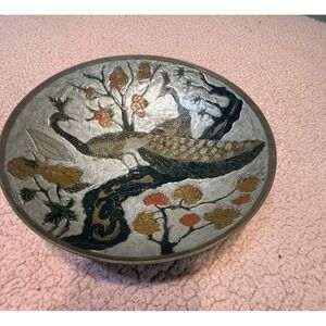 Vintage Old Solid Brass Footed Bowl Painted Peacock Floral Design Decoration Art